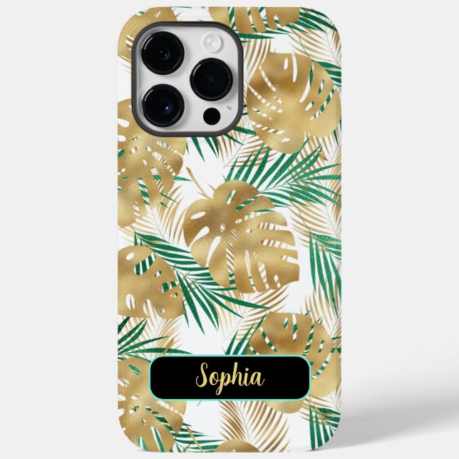 Gold & Green Tropical Leaves, Gold Name, White Case-Mate iPhone Case (Back)