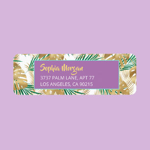 Gold & Green Tropical Leaves Name Address Lavender