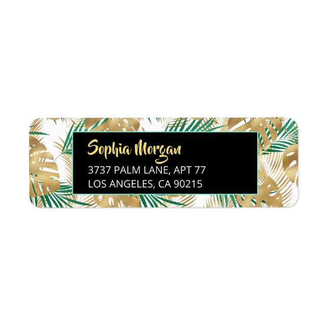 Gold & Green Tropical Leaves, Name Address Wht/Blk (Front)