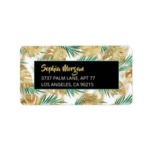 Gold & Green Tropical Leaves, Name Address Wht/Blk Label