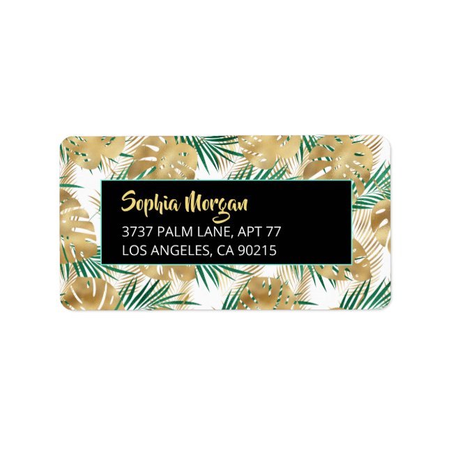 Gold & Green Tropical Leaves, Name Address Wht/Blk Label (Front)
