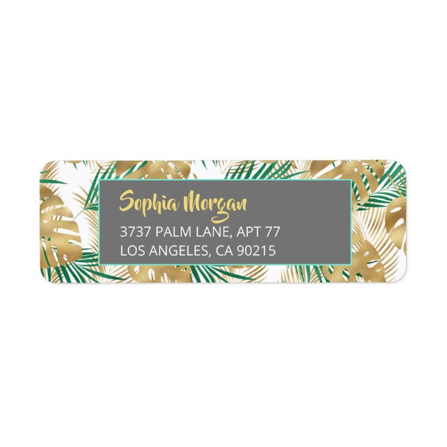Gold & Green Tropical Leaves, Name Address WhtGrey (Front)