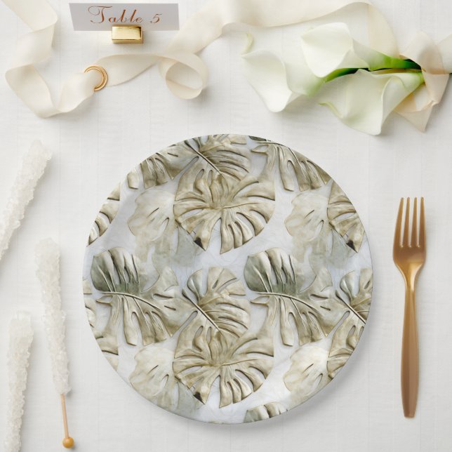 Gold Green Tropical Leaves Paper Plate (Wedding)
