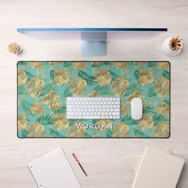 Gold & Green Tropical Leaves Personalise Name Teal Desk Mat (Office 1)