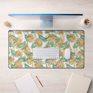 Gold/Green Tropical Leaves Personalise Name White Desk Mat