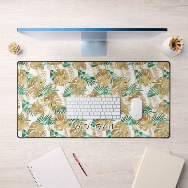 Gold/Green Tropical Leaves Personalise Name White Desk Mat (Office 1)