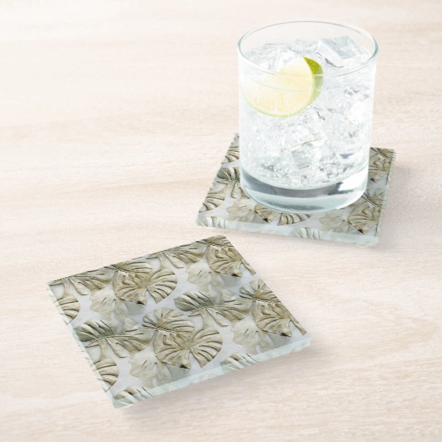 Gold Green Tropical Leaves Sage Glass Coaster (Angled)