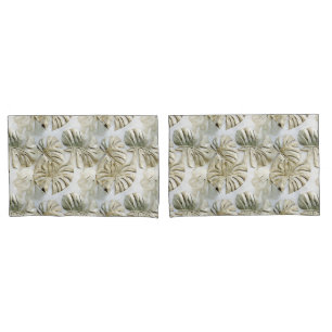Gold Green Tropical Leaves Sage Pillowcase