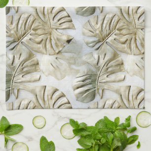 Gold Green Tropical Leaves Sage Tea Towel