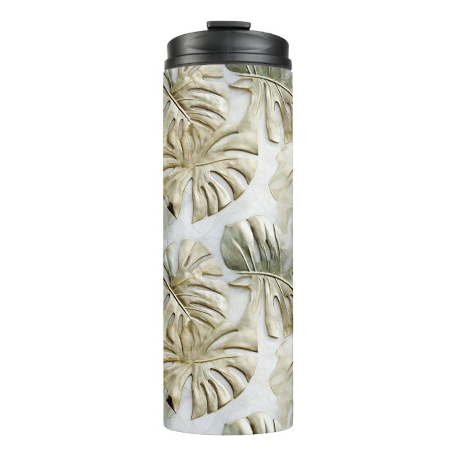 Gold Green Tropical Leaves Sage Thermal Tumbler (Front)