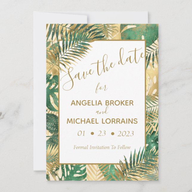 Gold Green Tropical Leaves Save the Date Invitatio Invitation (Front)