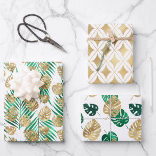 Gold & Green Tropical Leaves Wrapping Paper Sheet