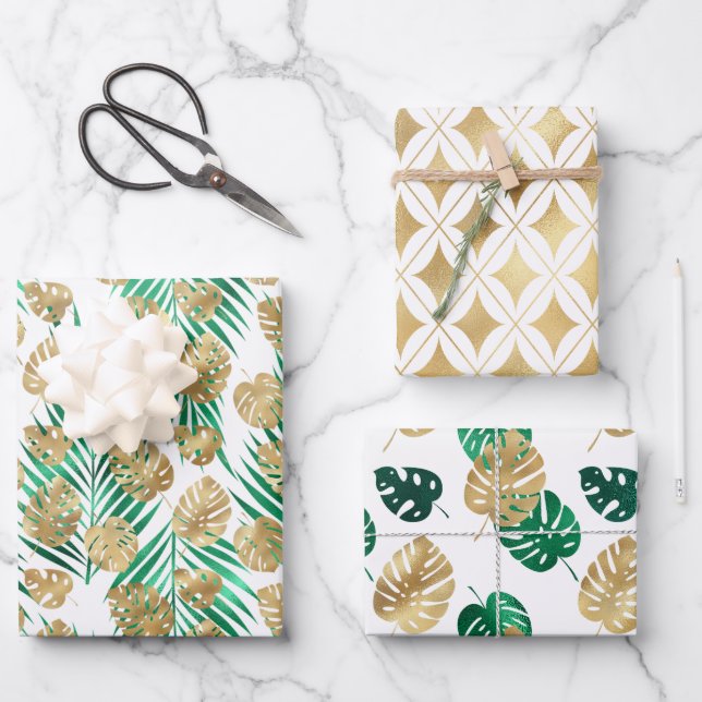 Gold & Green Tropical Leaves Wrapping Paper Sheet (Front)