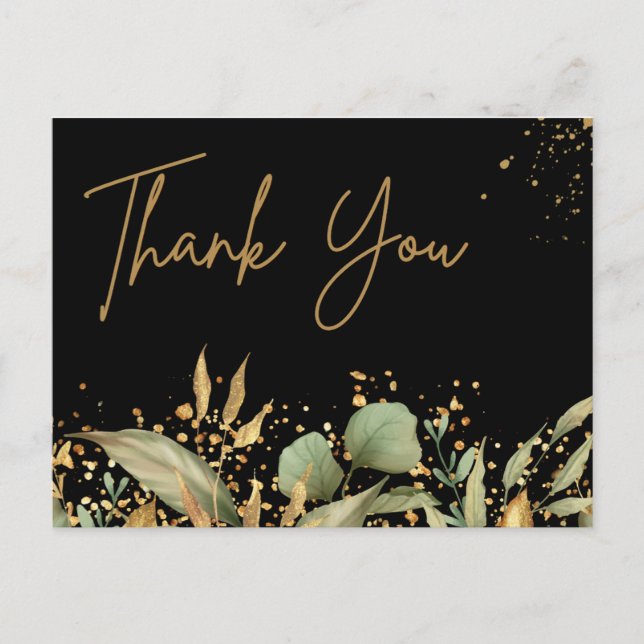 Gold Green Watercolor Black Thank you Card (Front)