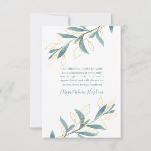 Gold Green Watercolor Floral Thank You Bereavement Card