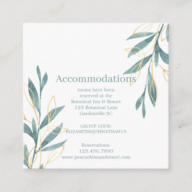 Gold Green Watercolor Floral Wedding Accomodation Enclosure Card (Front)