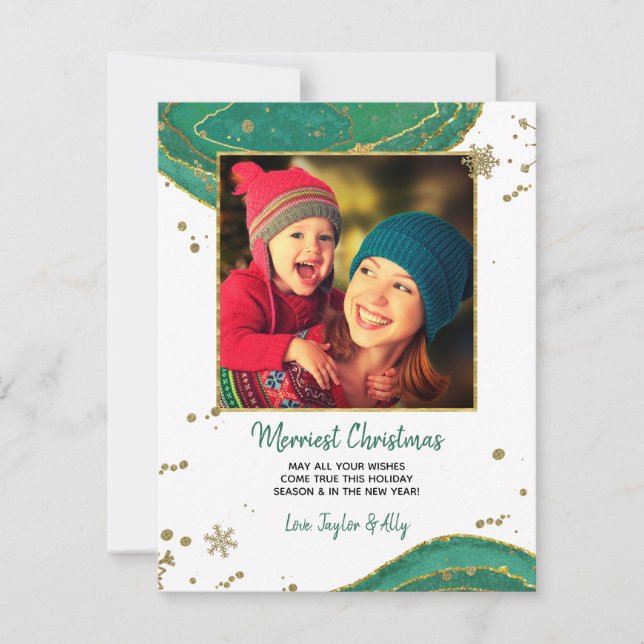 Gold Green Watercolor Geode Agate Photo Christmas Holiday Card (Front)
