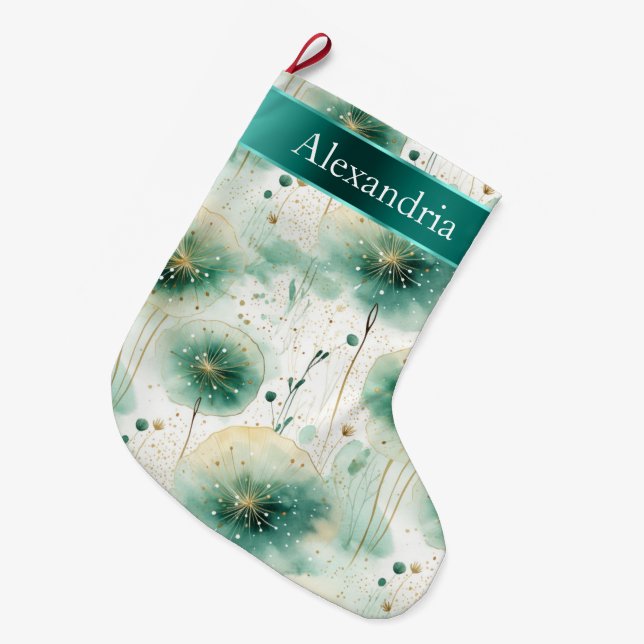 Gold Green White Flowers Christmas Name Large Christmas Stocking (Front (Hanging))