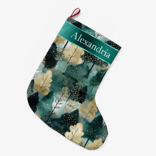 Gold Green White Trees Christmas Name Large Christmas Stocking