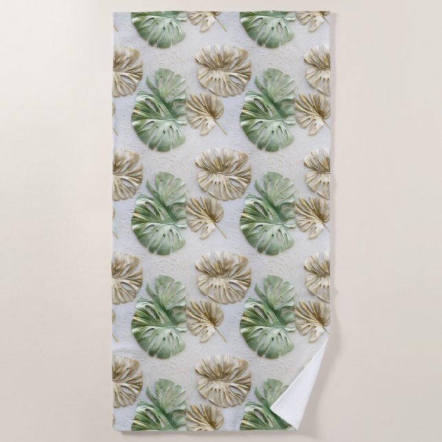 Gold Green White Tropical Leaves Beach Towel (Front)
