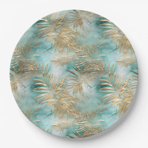 Gold Green White Tropical Leaves Paper Plate