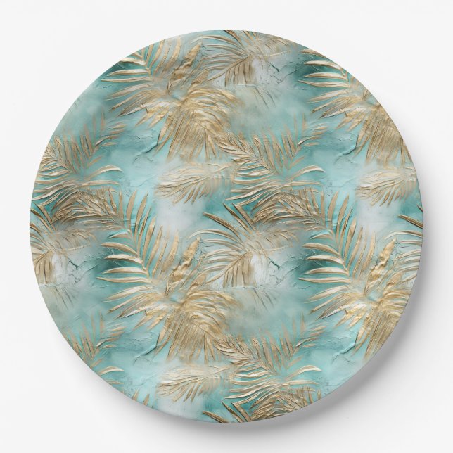 Gold Green White Tropical Leaves Paper Plate (Front)