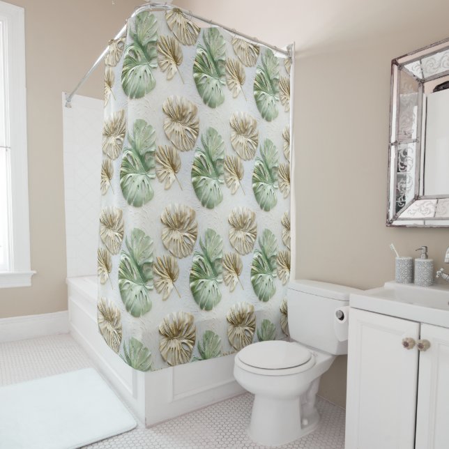 Gold Green White Tropical Leaves Shower Curtain (In Situ)