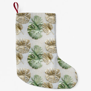 Gold Green White Tropical Leaves Small Christmas Stocking