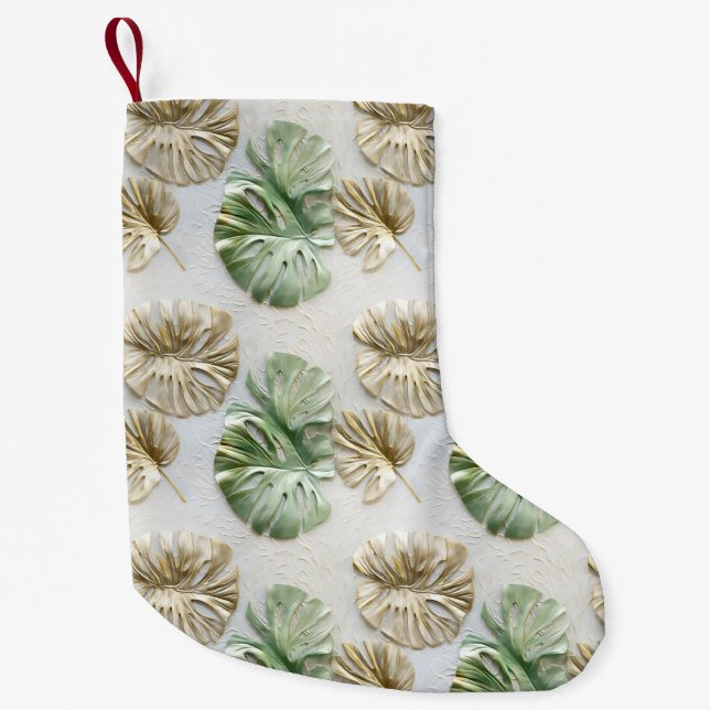 Gold Green White Tropical Leaves Small Christmas Stocking (Front)