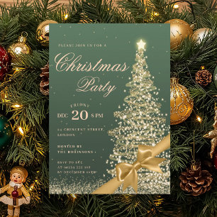Gold Green Winter Christmas Tree Bow Holiday Invitation