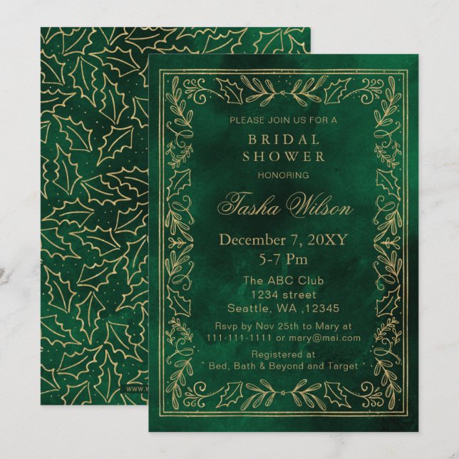 Gold Green Winter Foliage Holiday Bridal Shower Invitation (Front/Back)