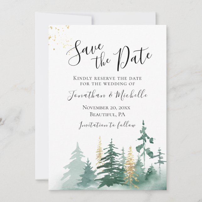 Gold Green Woodland Pine Trees Inspirational Save The Date (Front)