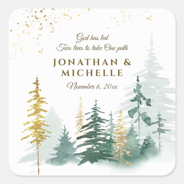 Gold Green Woodland Pine Trees Inspirational Square Sticker (Front)