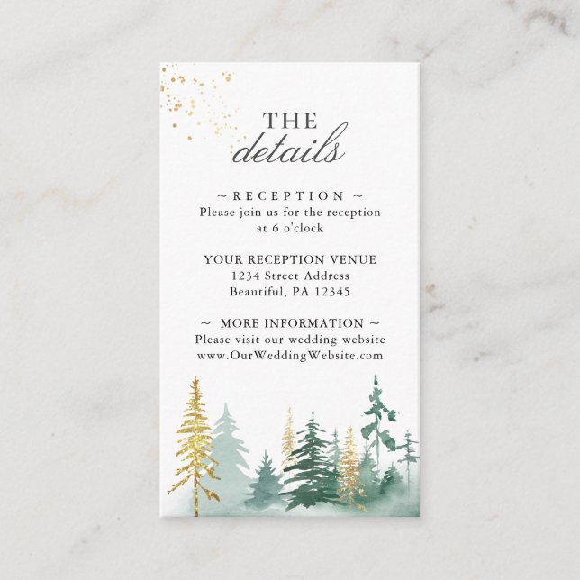 Gold Green Woodland Pine Trees Watercolor Enclosure Card (Front)