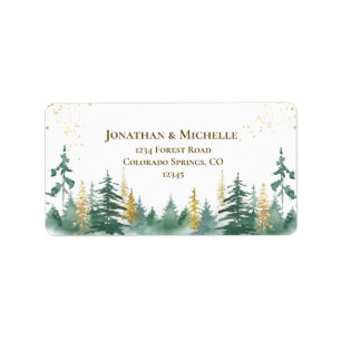 Gold Green Woodland Pine Trees Wedding Label