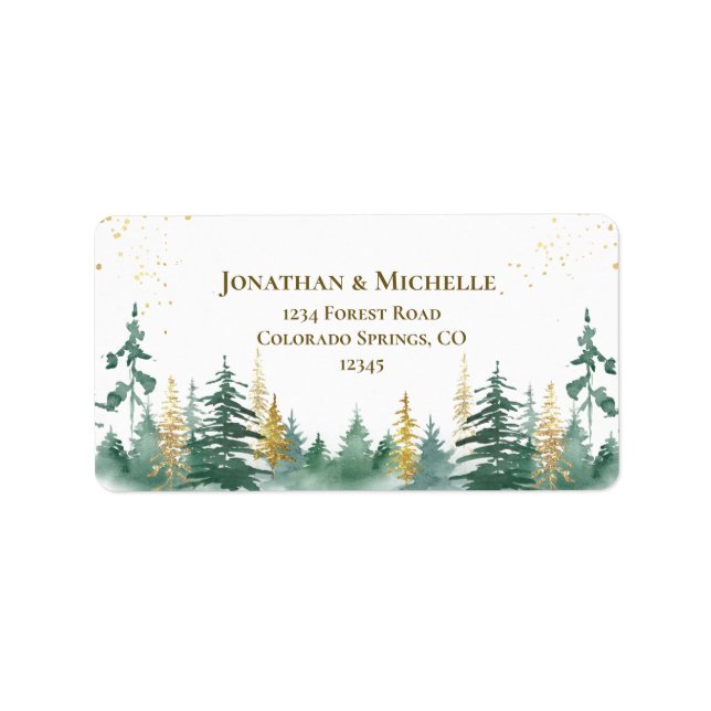 Gold Green Woodland Pine Trees Wedding Label (Front)