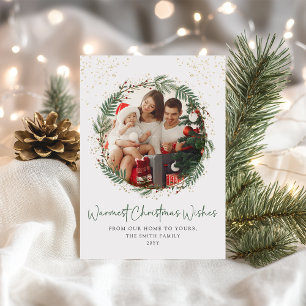 Gold Green Wreath Family Christmas Photo Holiday Card