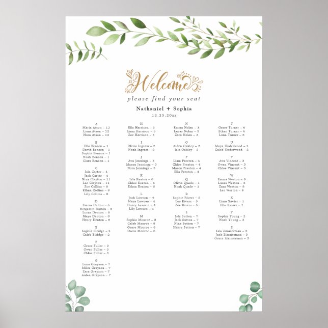 Gold Greenery Alphabetical Seating Chart (Front)