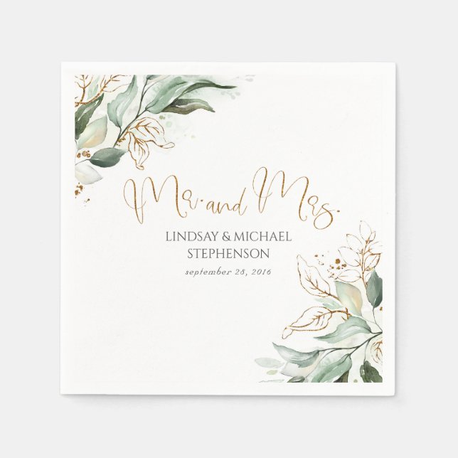 Gold Greenery and Eucalyptus Leaves Wedding Napkin (Front)