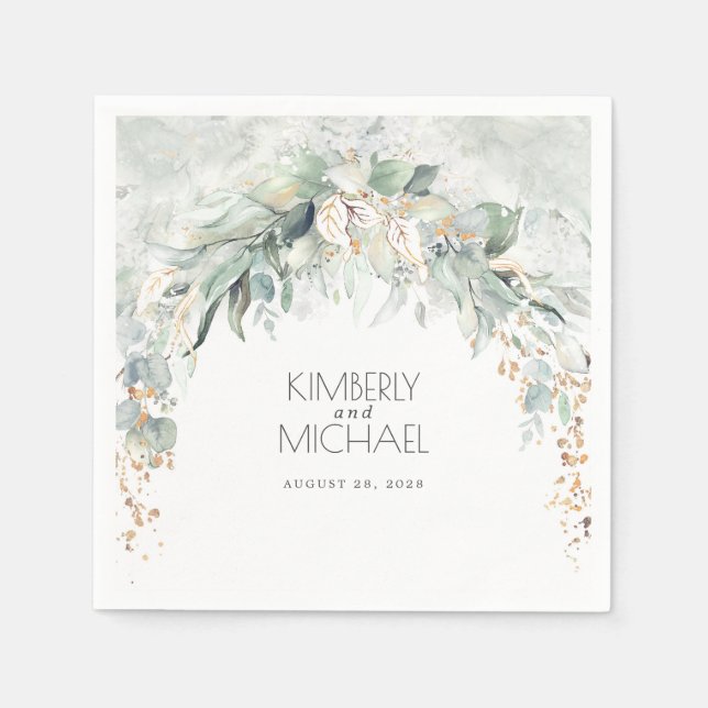 Gold Greenery and Eucalyptus Leaves Wedding Napkin (Front)