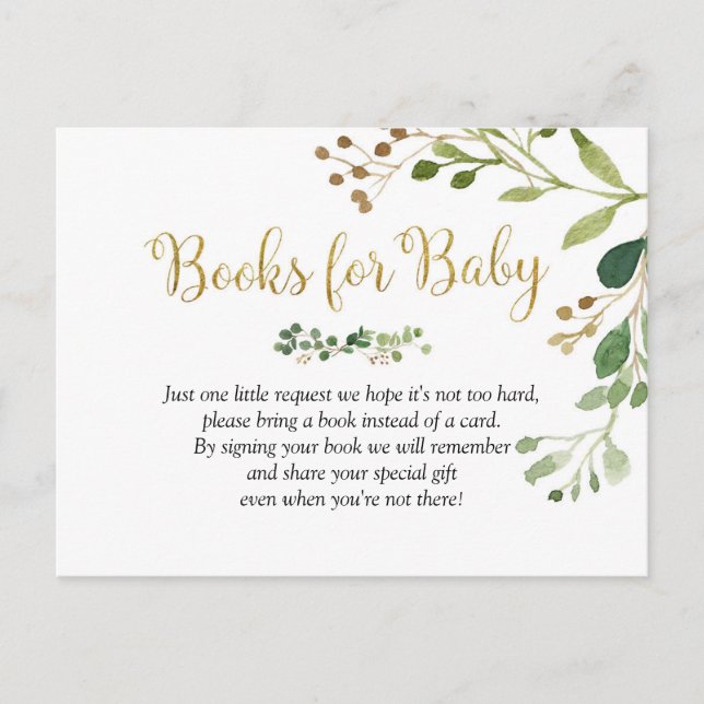 Gold Greenery Baby Shower Books for Baby Invitation Postcard (Front)