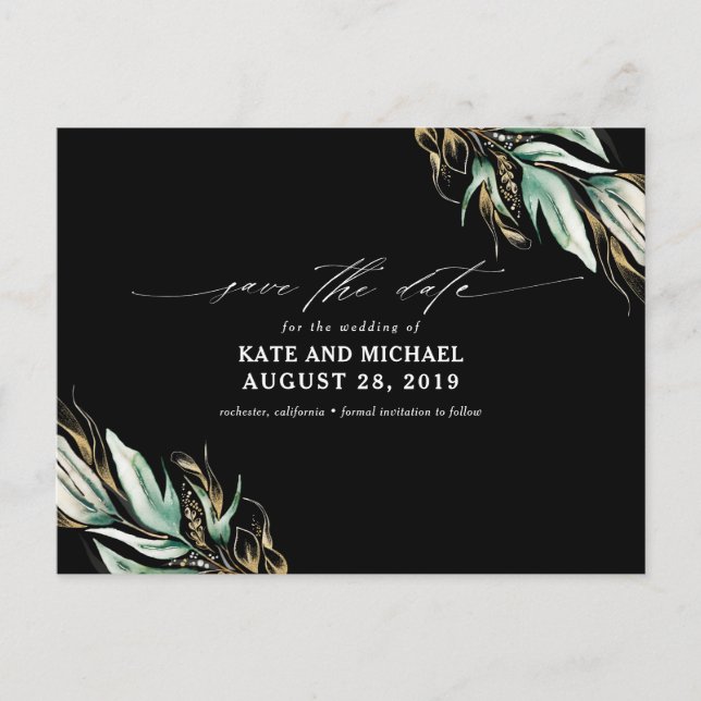 Gold Greenery Black Fall Save the Date Postcard (Front)