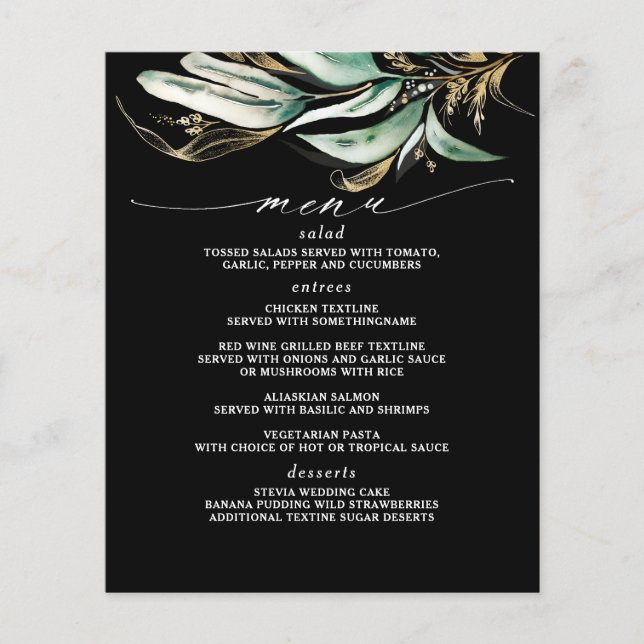 Gold Greenery Branch Black Menu (Front)