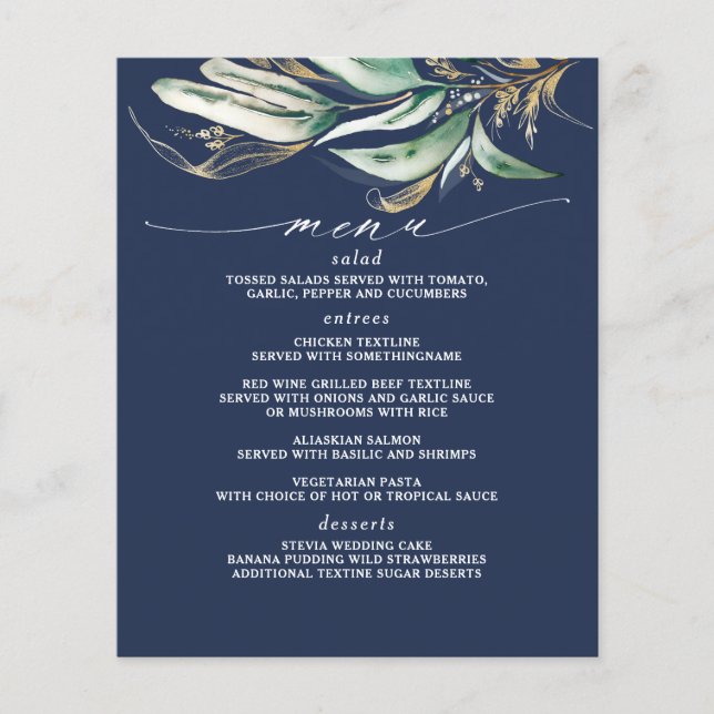 Gold Greenery Branch Navy Blue Menu (Front)