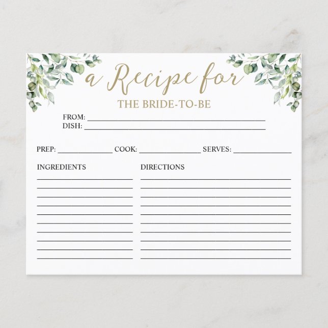 Gold Greenery Bridal Shower Recipe Cards (Front)