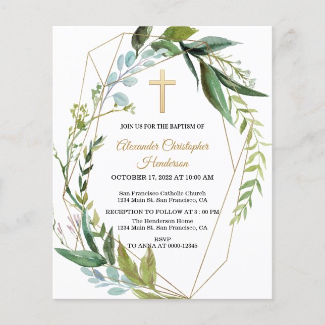 Gold & Greenery/BUDGET/Baptism Invitation. Flyer (Front)