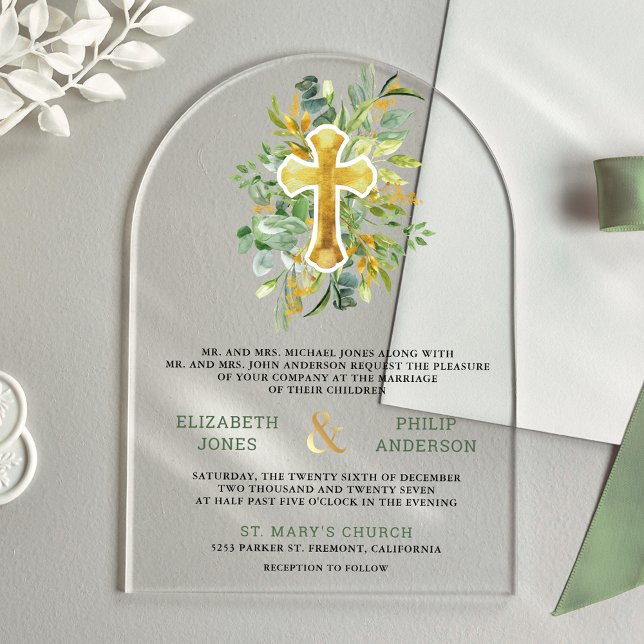 Gold Greenery Catholic Wedding Acrylic Invitations (Creator Uploaded)