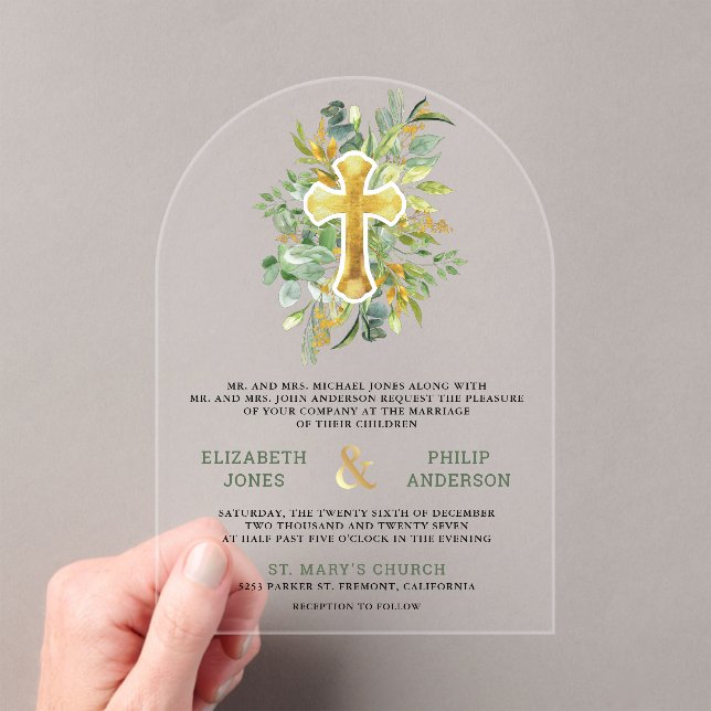 Gold Greenery Catholic Wedding Acrylic Invitations (Insitu (Handheld))