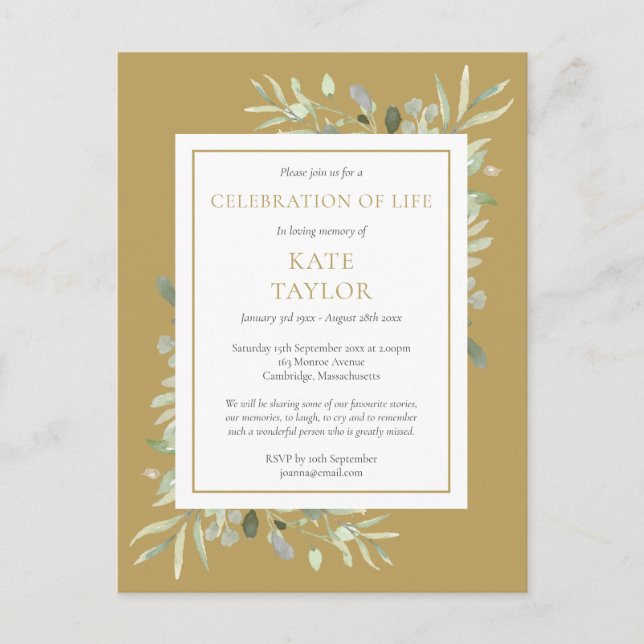 Gold Greenery Celebration of Life Invitation (Front)