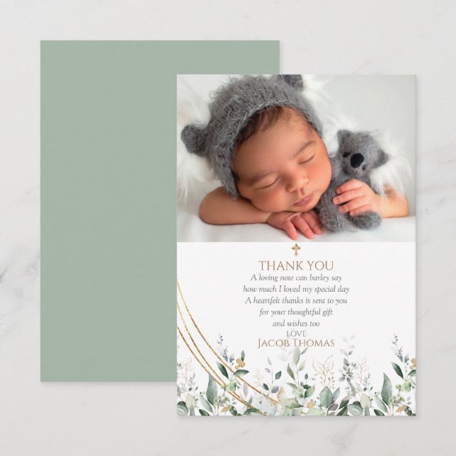  Gold Greenery Eucalyptus Baptism Thank You Card (Front/Back)